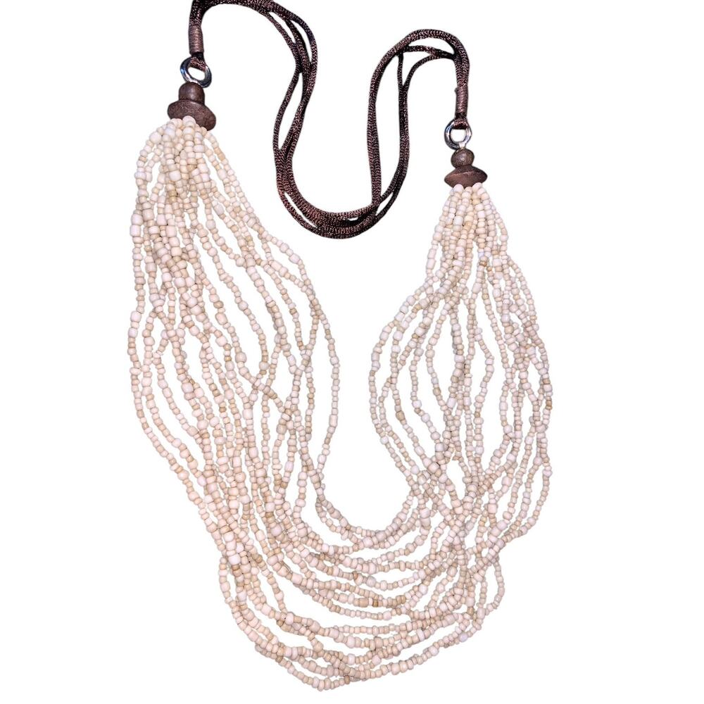 Beige Seed Beads Multi-strand 30" Necklace Wood Nylon String